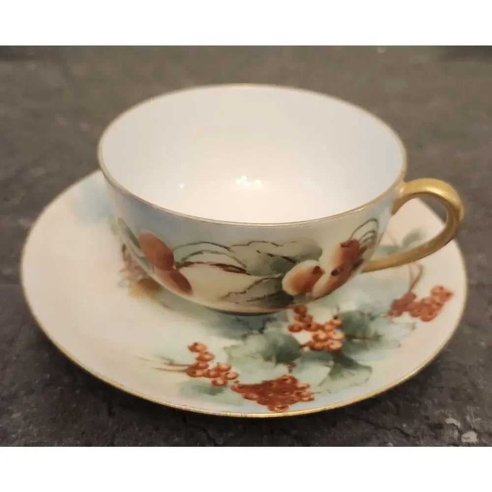 T&V Cup & Saucer Limoges France with‎ Raspberries Gold Rim Beautiful